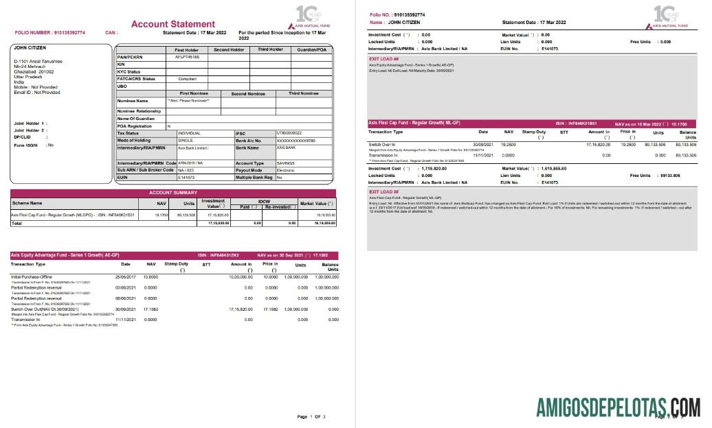 India Axis Bank Statement 3 Pages modelo
